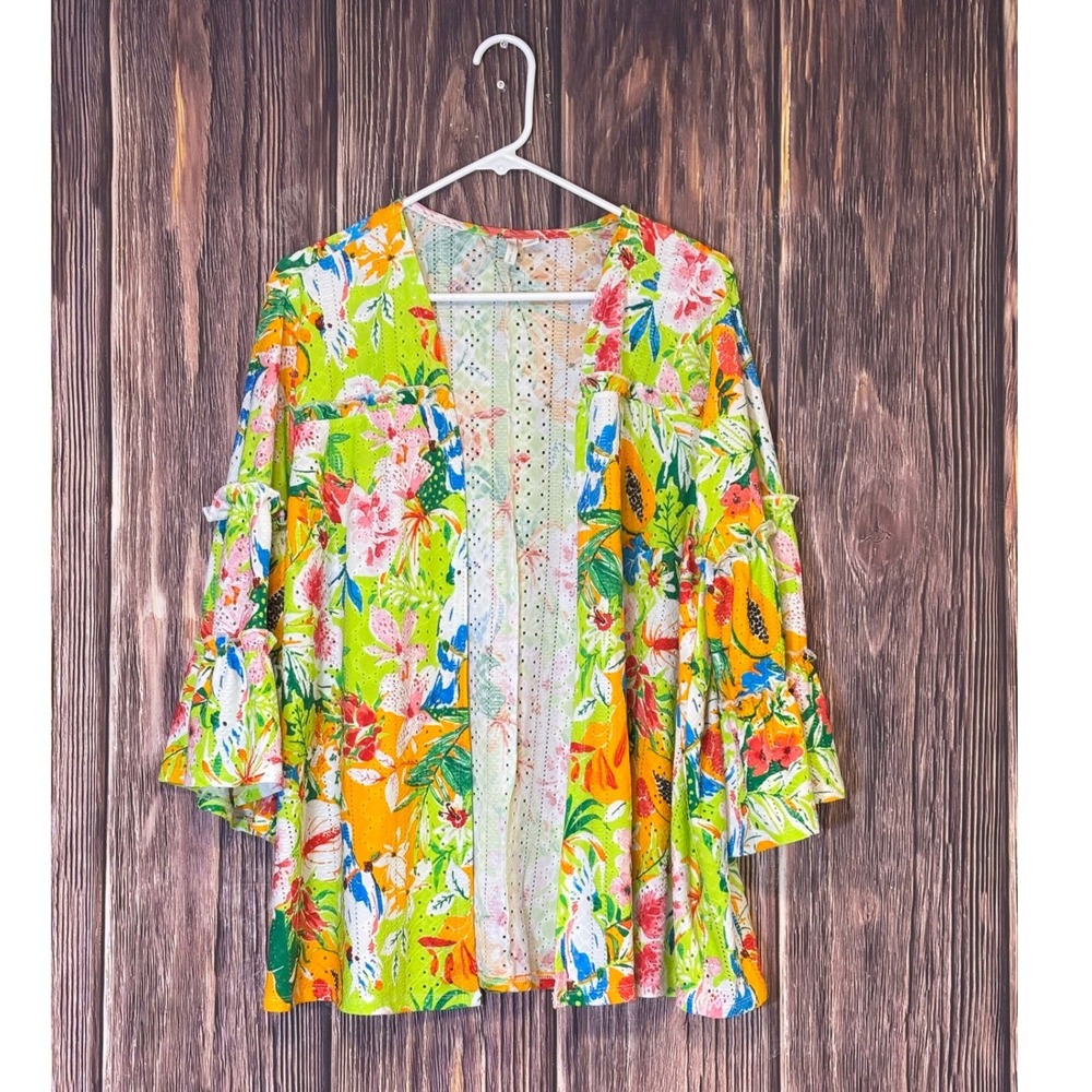 Cato Kimono Cardigan Womens 14/16W Tropical Floral Papaya Eyelet Ruffle Sleeve